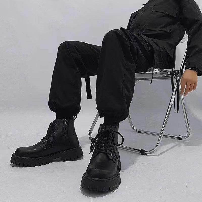 Pánské boty Martin se zipem na boku podzimní a zimní módní trendy pánské outdoorové polokozačky na silné podrážce pracovní boty kožené boty s vysokým svrškem