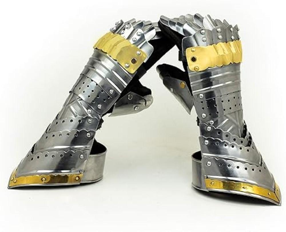 Medieval Knight Gauntlet Gloves Pair Brass Accents Crusader Armor Steel Gloves