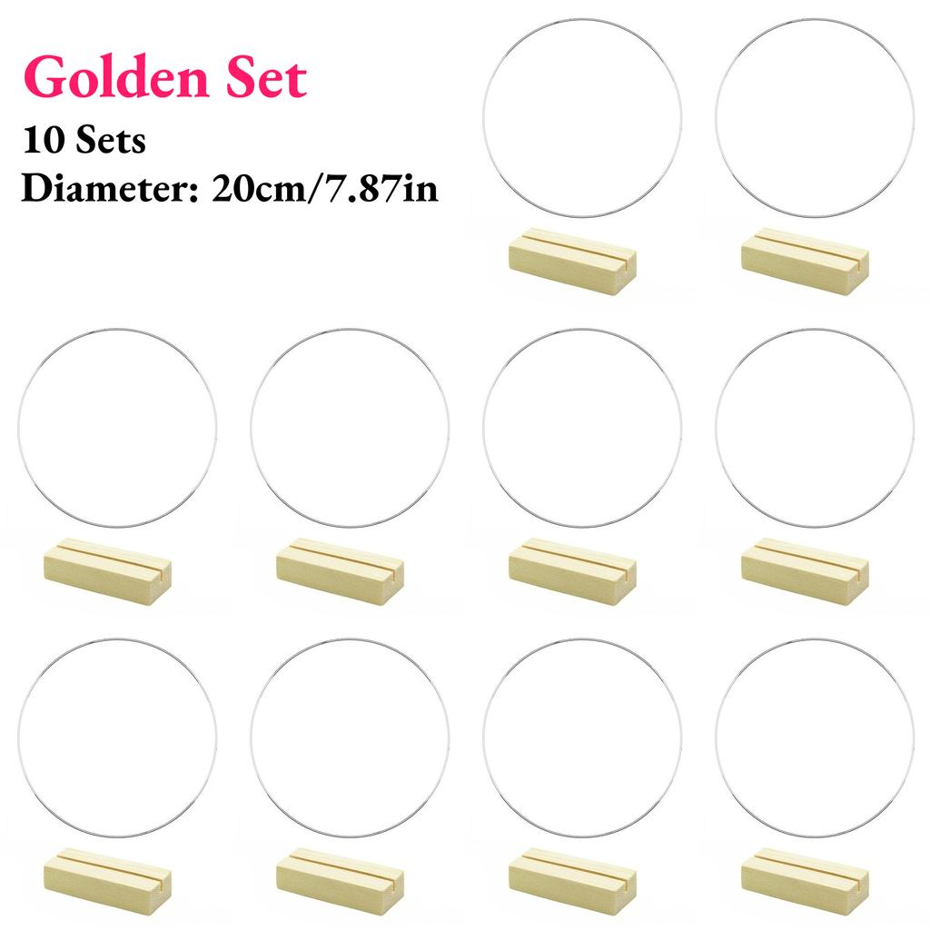 10 Sets Floral Wreath Centerpiece Set with 20-25cm Silvery Metal Ring & Wooden Base Reusable Hoops Wedding Garlands Table Decor