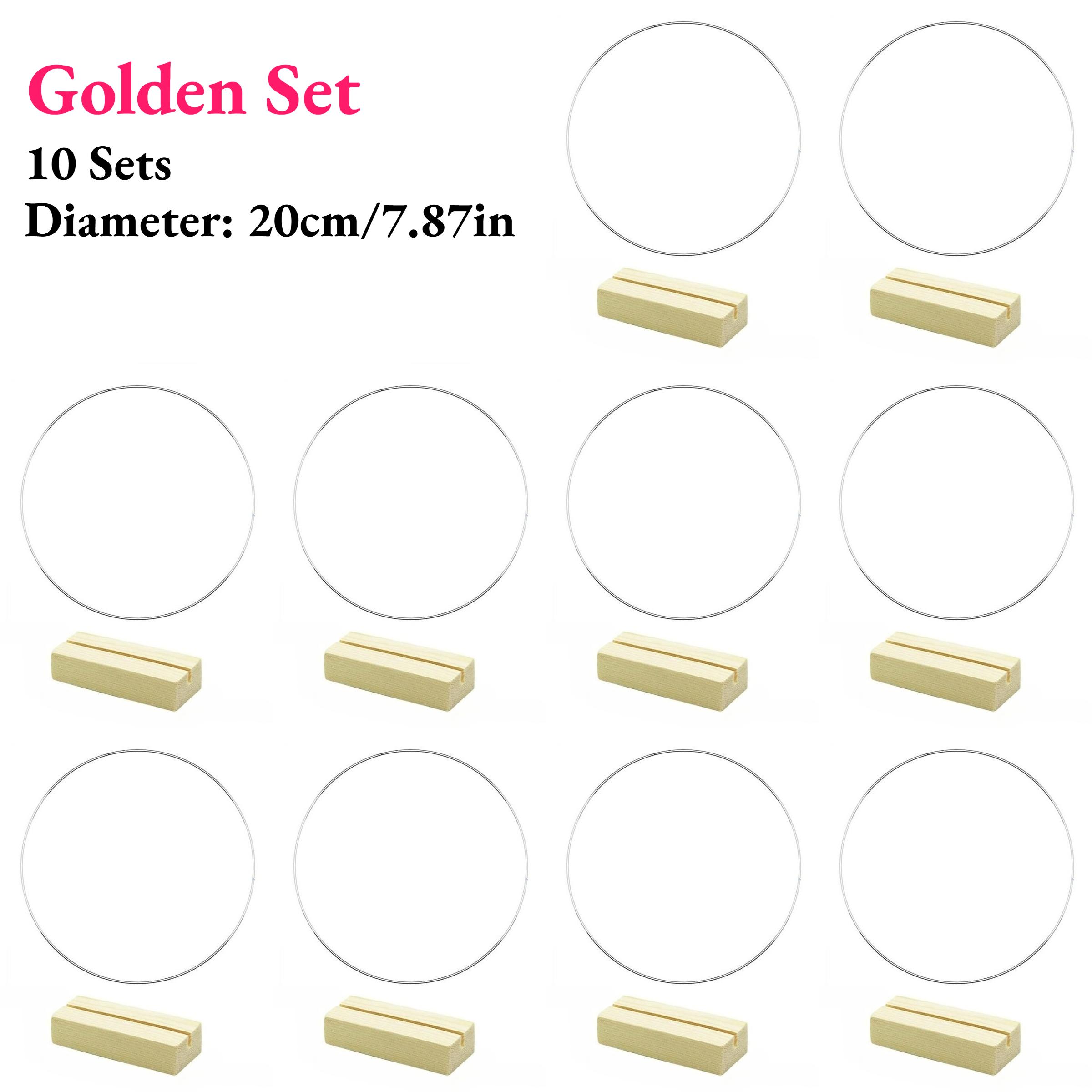 

10 Sets Floral Wreath Centerpiece Set with 20-25cm Silvery Metal Ring & Wooden Base Reusable Hoops Wedding Garlands Table Decor