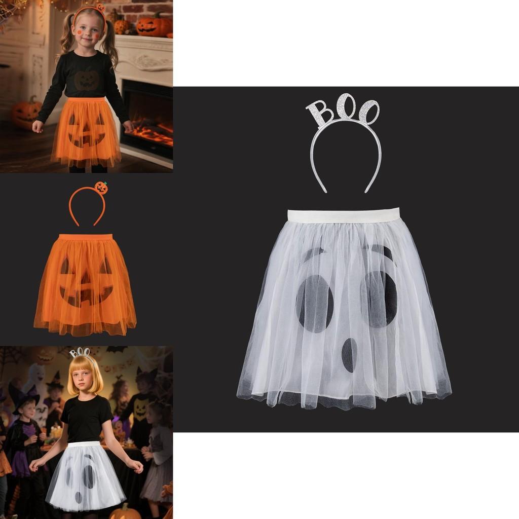 Halloween Ghost Face Pumpkin Veil Dress And Headband Set For Cosplay Dress Up Kids And Adults