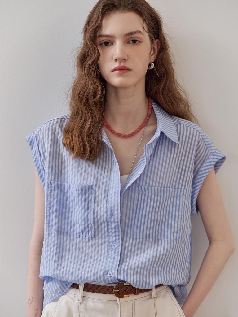 MAXZA Seersucker Striped Cap Sleeve Shirt Blouse