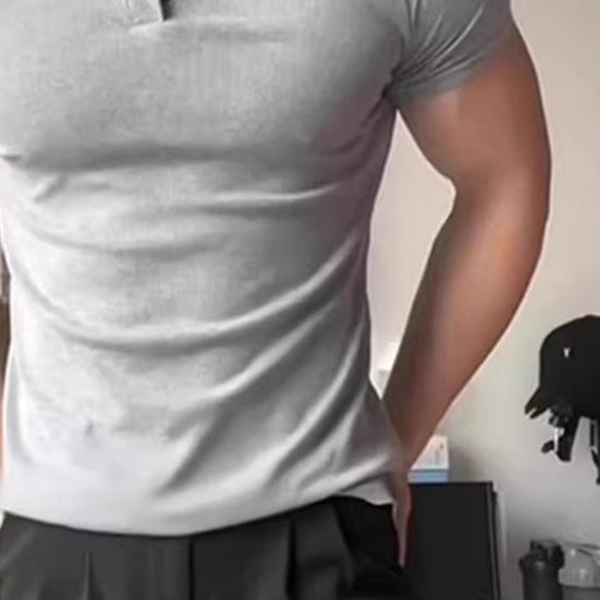 Pánská trička s výstřihem do V, na knoflíky, s polovičním zapínáním, krátký rukáv, jednobarevné, úzký střih, letní, strečové tričko, na běžné nošení