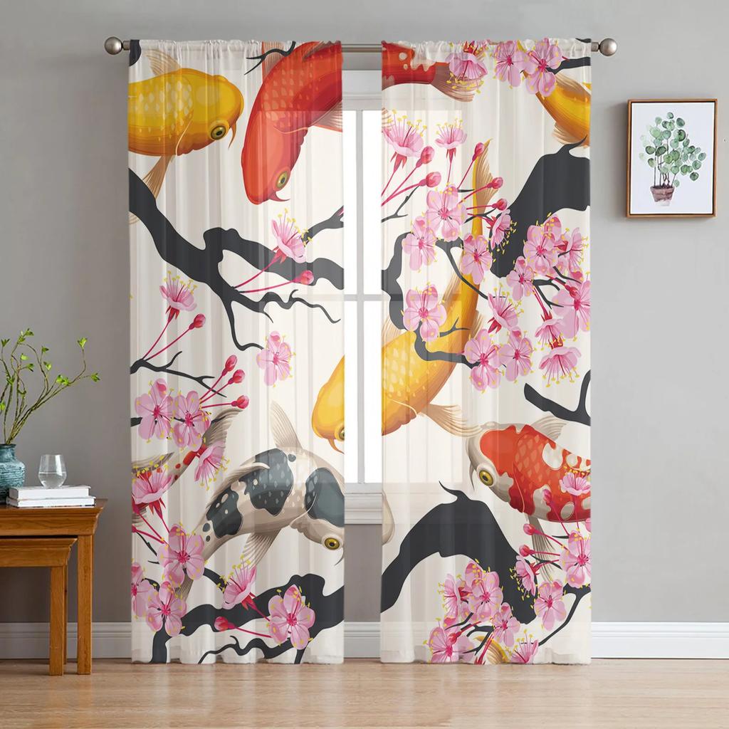 Modern Polyester Carp Chinese Style Toyo Tulle Curtains Living Room Bedroom Voile Drapes Printed Design Light Filtering Made Of Area Decor