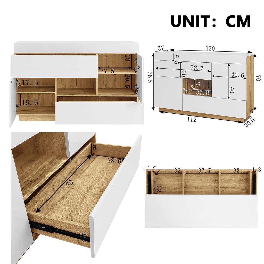 Sideboard, High-Gloss Sideboard, Display Cabinet, with Color-Changing LED Lighting, with Drawers