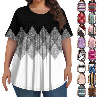 Γυναικεία Μόδα Μεγάλα Μεγέθη Casual Κοντομάνικη Γεωμετρική Ριγέ Πουά Μπλούζα με Σούρες Μπροστά και Στρογγυλή Λαιμόκοψη