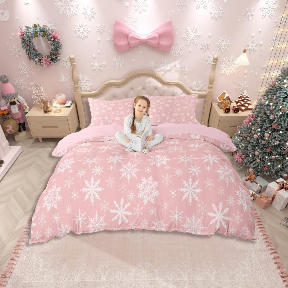 Set Husă Plapumă Drăguț Moș Crăciun Homewish pentru Adolescent, Set de Lenjerie de Pat Crăciun Om de Zăpadă Ren, Set de Pat Roz Carouri Patchwork