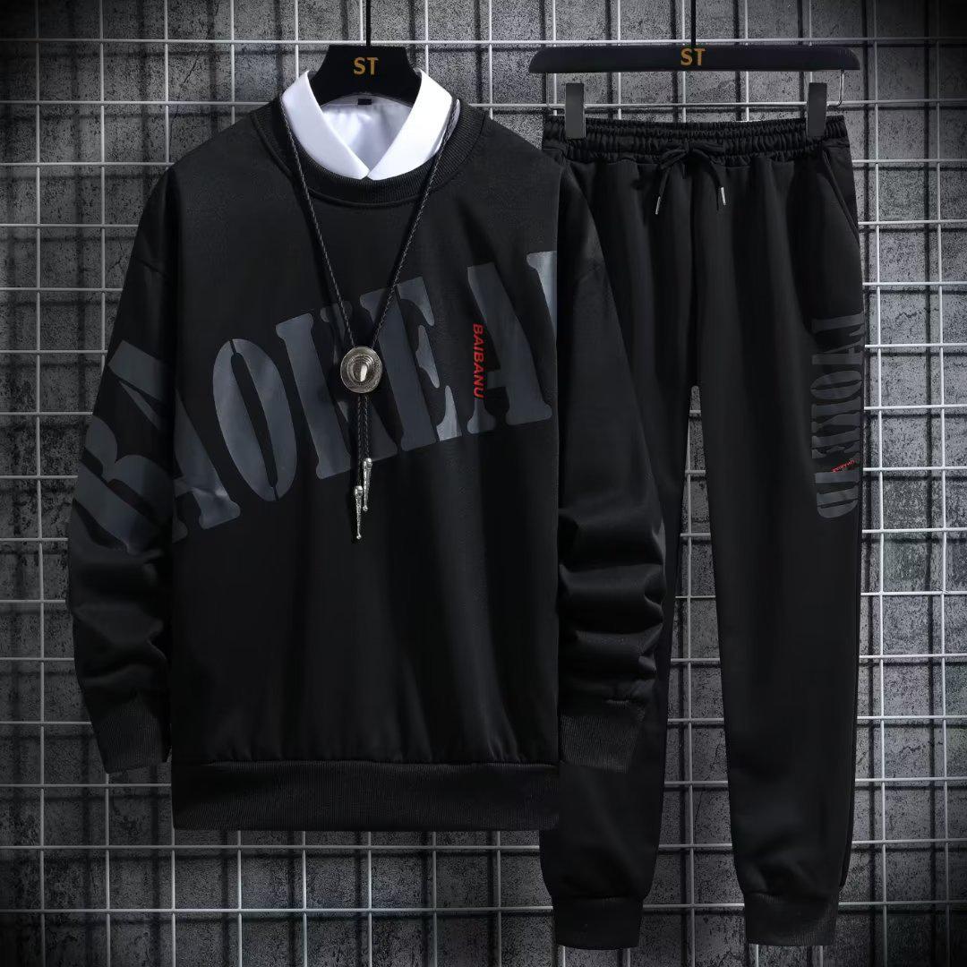 

Мужская модная толстовка в корейском стиле осень 2024 года, комплект из двух предметов - большой размер, модный топ с круглым вырезом 3XL