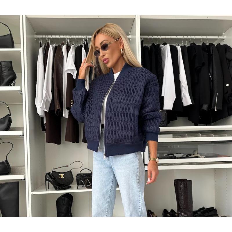 

Женская 2024 Осень/Зима Однотонная Вышитая Короткая Куртка на Молнии Хлопковая Куртка L темно-синий