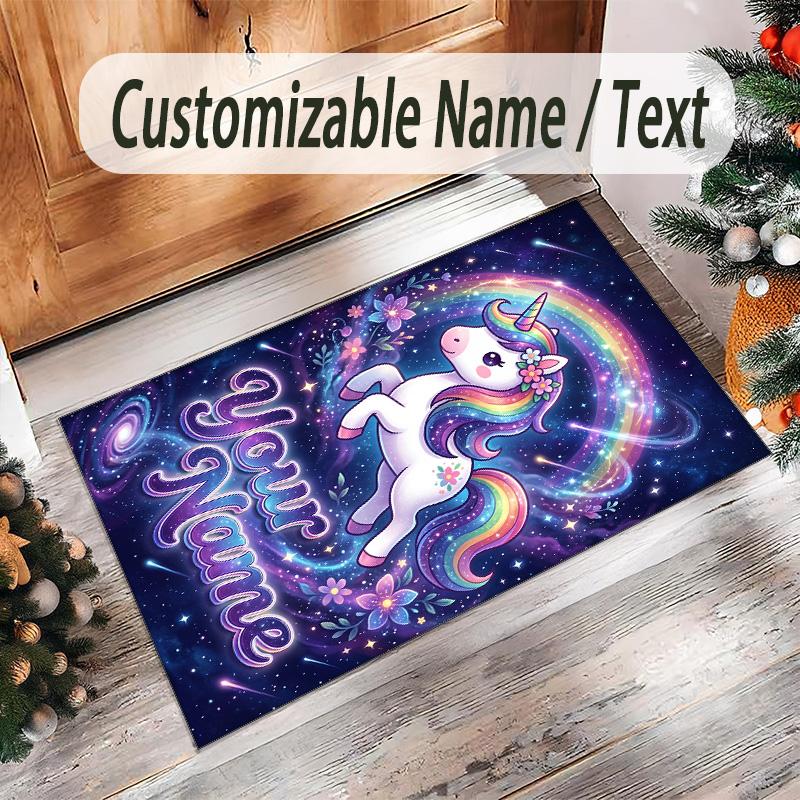 Alfombra de Suelo de Terciopelo de Cristal con Temática de Unicornio, Alfombra Cálida Personalizada con Nombre y Texto, Decoración del Hogar