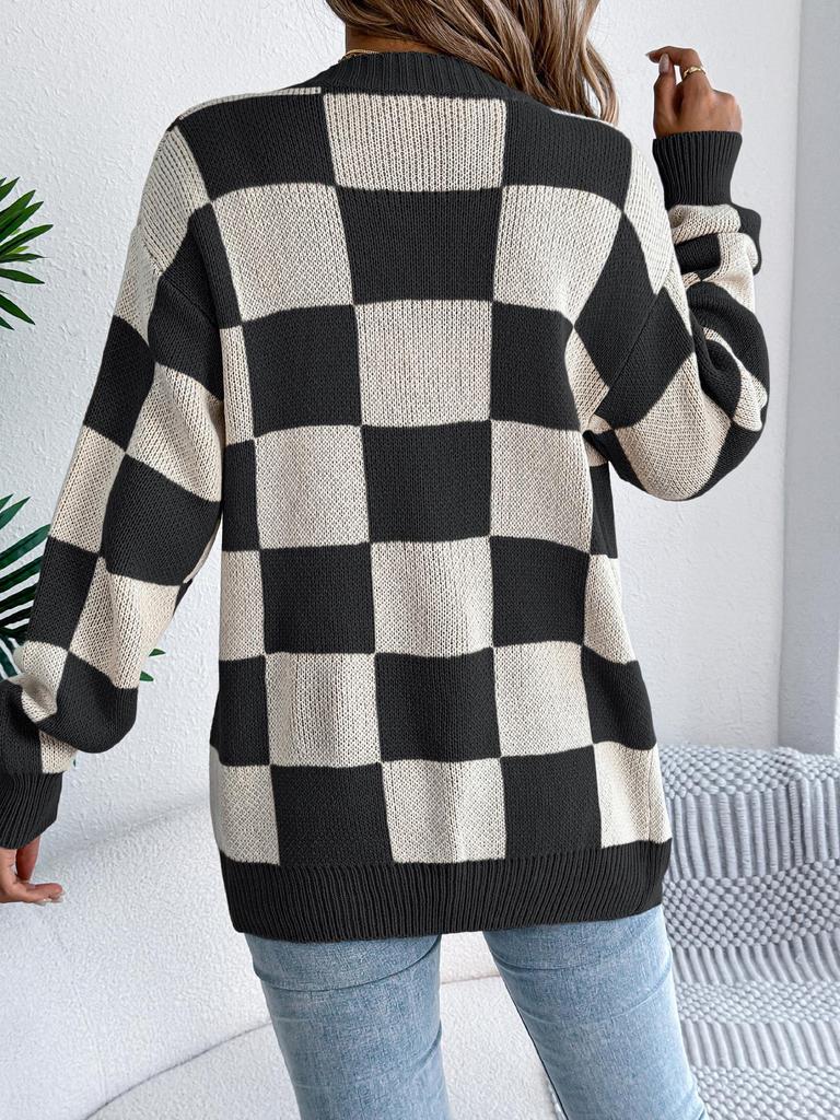 2025 Autumn/Winter New European & American Plaid Knit Oversized Women's Cardigan Sweater