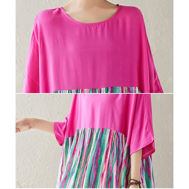 Dimanaf 2024 New Plus Size Dress Summer Women Loose Short Sleeve Beach Fashion Striped O-Neck Basic New Big Size