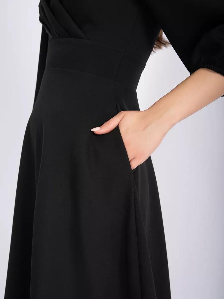 Spring V-Neck Waist-Cinching Puff Sleeve Dress with Pockets for Women
