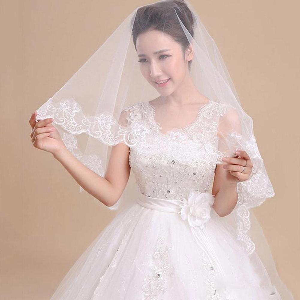 Fashion Ornaments Festival Elegant One Elbow Lace White Length Edge Layer Bridal Party Wedding Veil 4.9ft