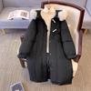 New Female Padded Cotton-padded Jacket Korean Version of Fur Collar Hooded Long Over-the-knee Bread Casual Joker Coat.
