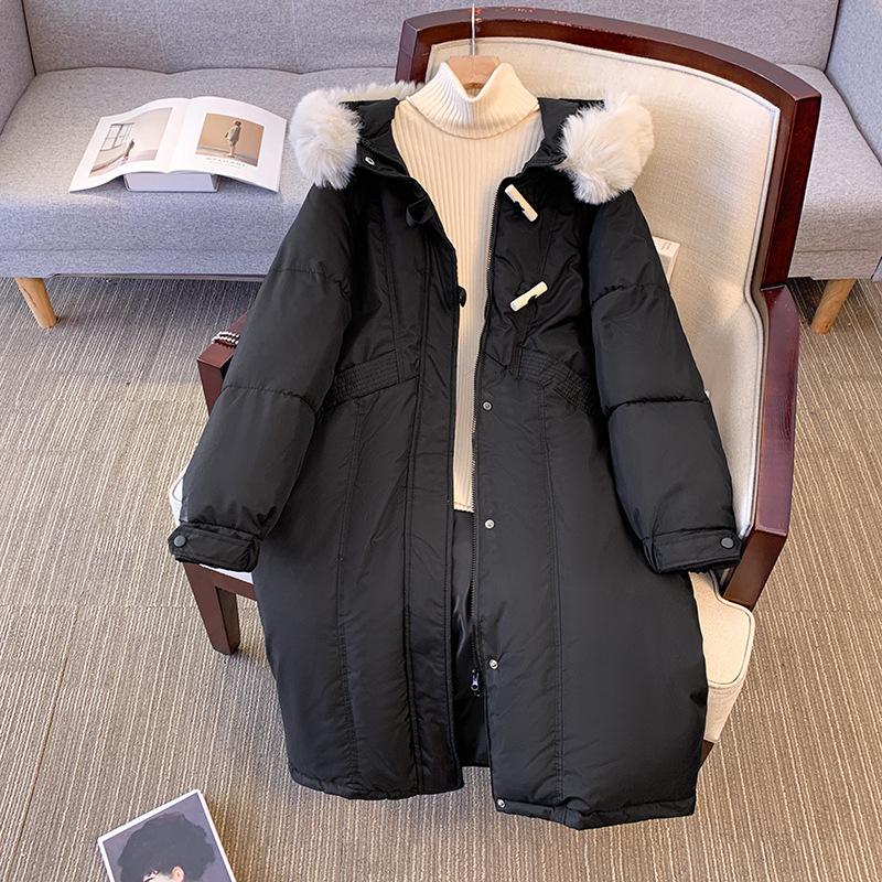 New Female Padded Cotton-padded Jacket Korean Version of Fur Collar Hooded Long Over-the-knee Bread Casual Joker Coat.