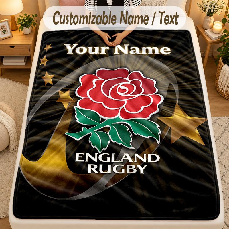 Flannel BlanketEngland Rugby Custom Name Text Personalized Soft Warm Throw Blanket Home Decor Gift