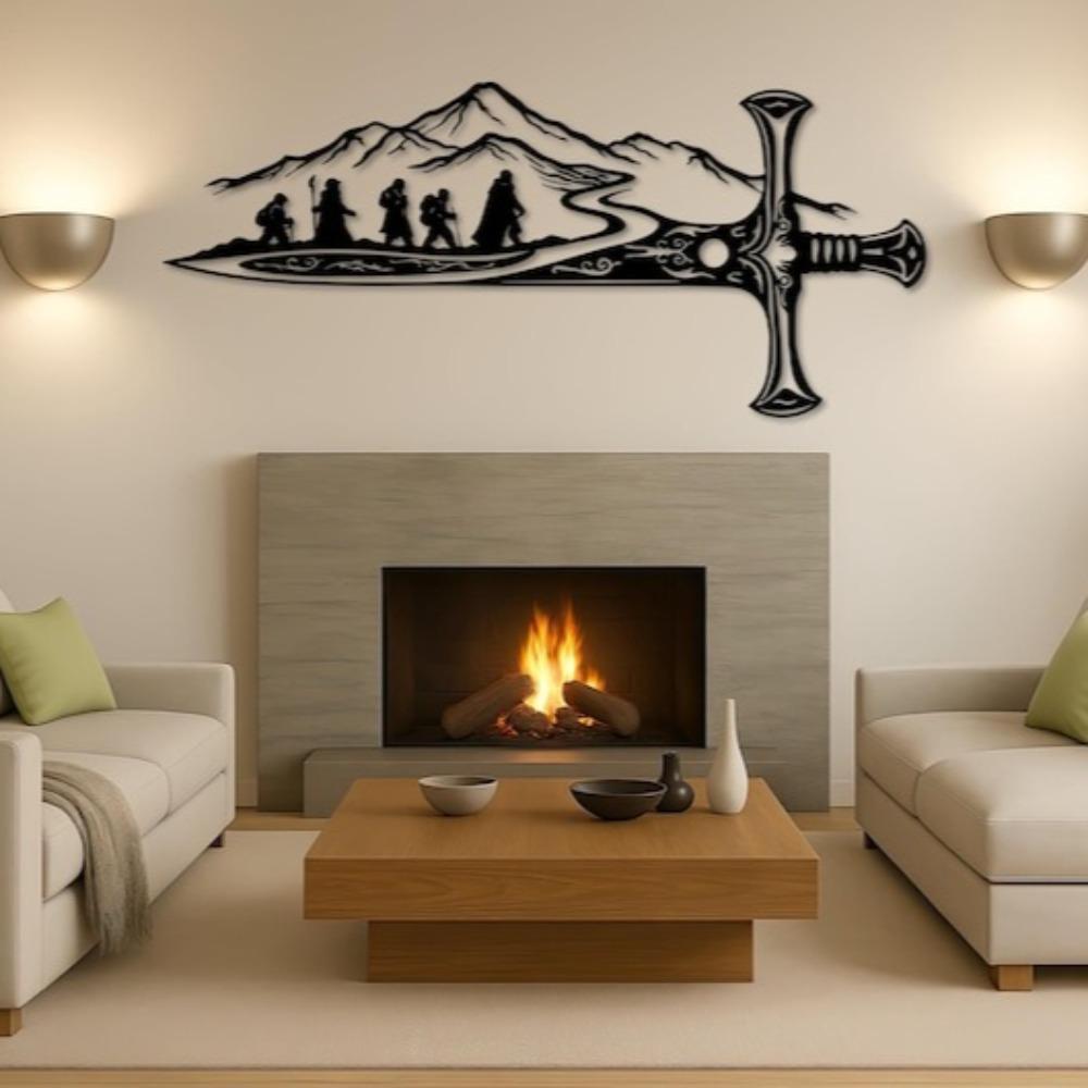Herr der Ringe Metall Wanddeko, Fantasy Schwertkunst, Epische Reise Silhouette, Abenteuer Berglandschaft, Geschenk für die Männerhöhle