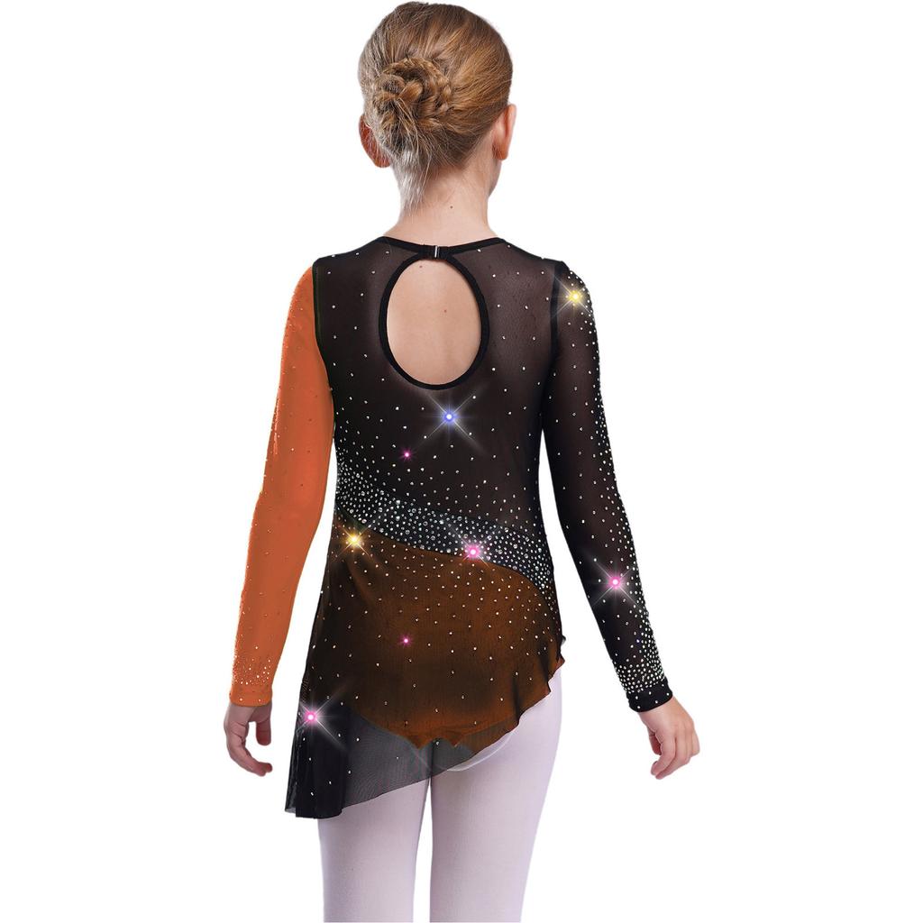 Girls Dance Gymnastics Bodysuit Dress Long Sleeve Sheer Mesh Patchwork Sparkling Rhinestones Color Block Leotard