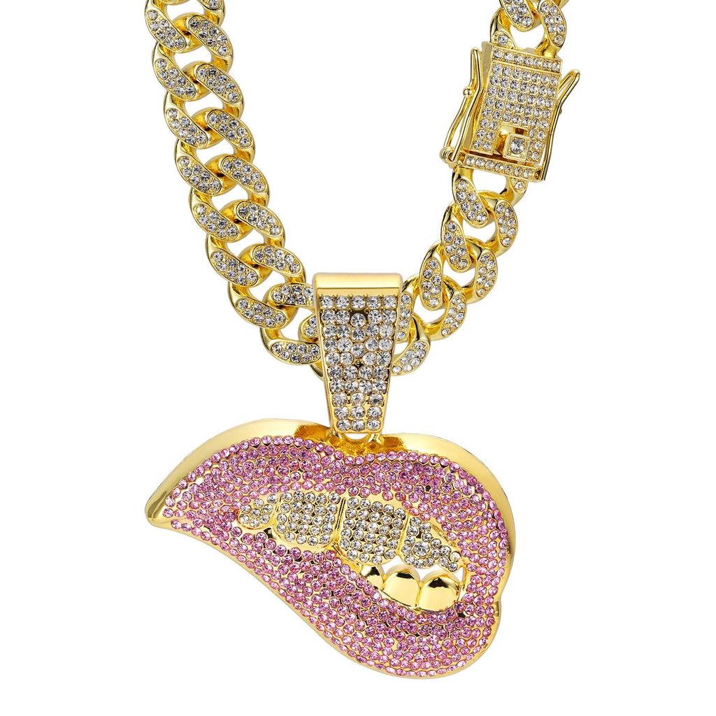 Men's European & American Hip-Hop Cuban Chain Necklace with Lip Pendant & Full Diamond Zinc Alloy.