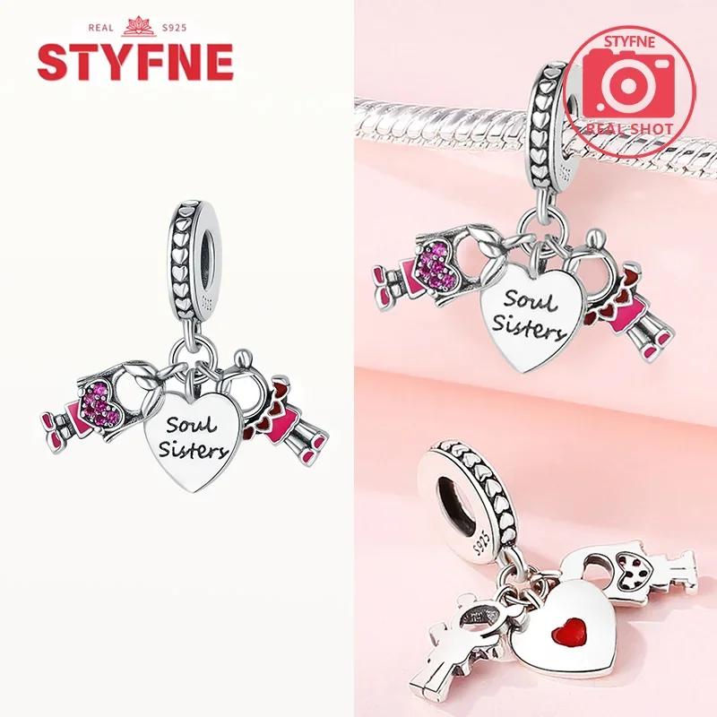 925 Silver Sisters On Swing Heart Charm Beads DIY Bracelet Fine Jewelry Gift for Women Sister Forever
