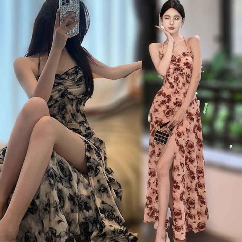 Elegantes französisches Blumenmuster Maxikleid - Sommer, rückenfrei, mit Schlitz und Spaghettiträgern, Trendig und sexy für Damen
