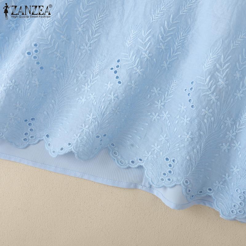 ZANZEA Bluză de damă casual cu broderie, dantelă patchwork, largă, cu gât rotund și mâneci 3/4