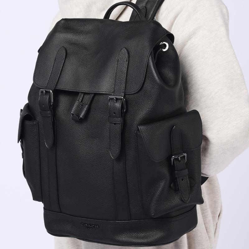 COACH Hudson 26 Logo embossed flap and drawstring closure Pebbled cow leather Hiking bag Backpack Medium Men's Black