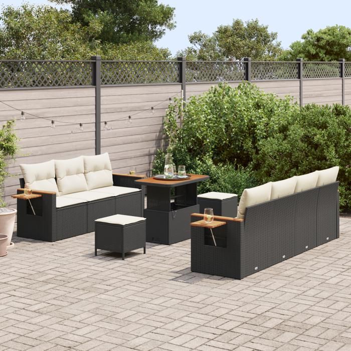 Ensemble de canapé de jardin vidaXL 10 pièces avec coussins Noir Poly Rattan Acacia, Ensemble de salle à manger jardin 3365090