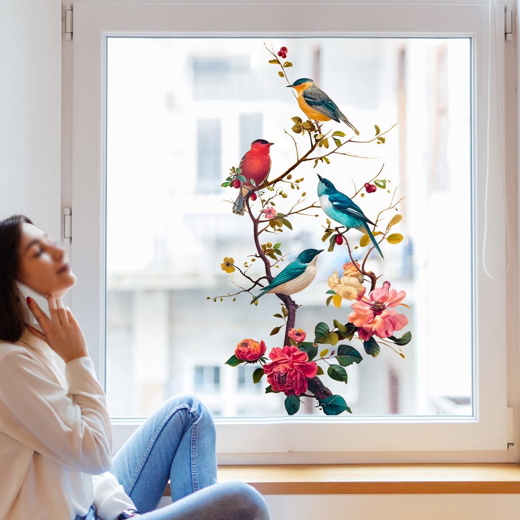 Blumen Vogel auf Ast Statisch Haftend Fensteraufkleber Selbstklebend Abnehmbar Schlafzimmer Wohnzimmer Balkon Glastür Heimdeko Kunst