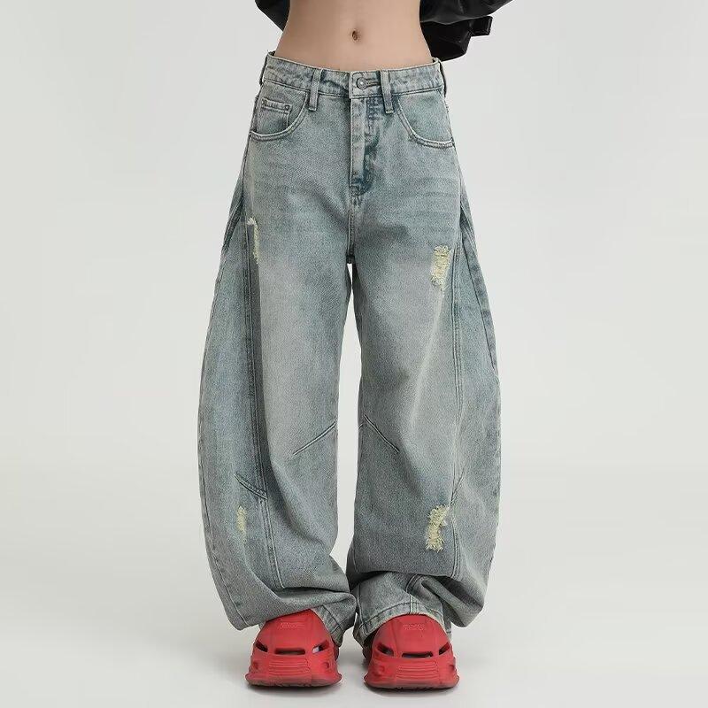 JYL Men s Jeans High Street American Washed Distressed Wide Leg Casual Denim 4XL