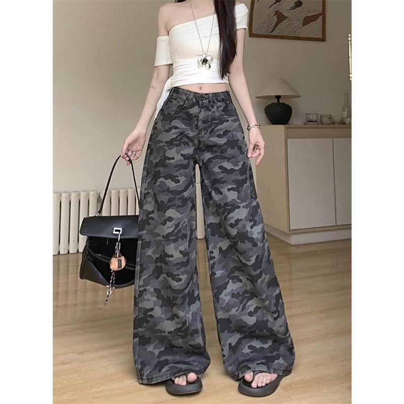 Small Retro Loose Feeling Distressed Camouflage Pants Female Popular This Year High Waist Straight-leg Cargo Jeans Mop Pants