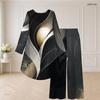 Women Plus Size Black Gold Printed Round Neck Long Sleeve High Low Top Wide Leg Pants Two Piece Set