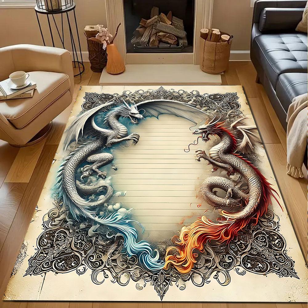 "Dual Dragon Battle Design" Patterned carpet, non slip mat suitable for living room and bedroom sofas