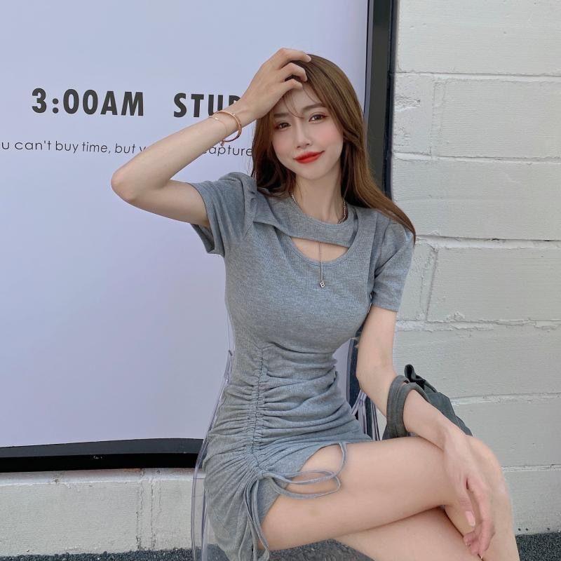 Summer sweet and spicy slim drawstring dress women's new fried street niche hollow Spice Girl hip skirt