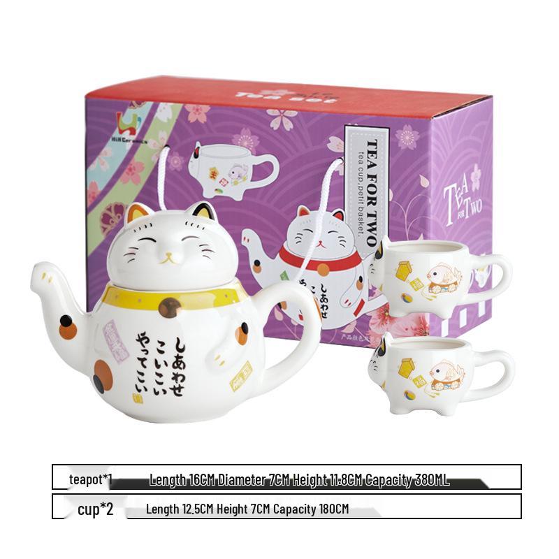 Japanese Lucky Cat Ceramic Teapot Set – One Pot, Two Cups, Filtered Tea Souvenir Gift