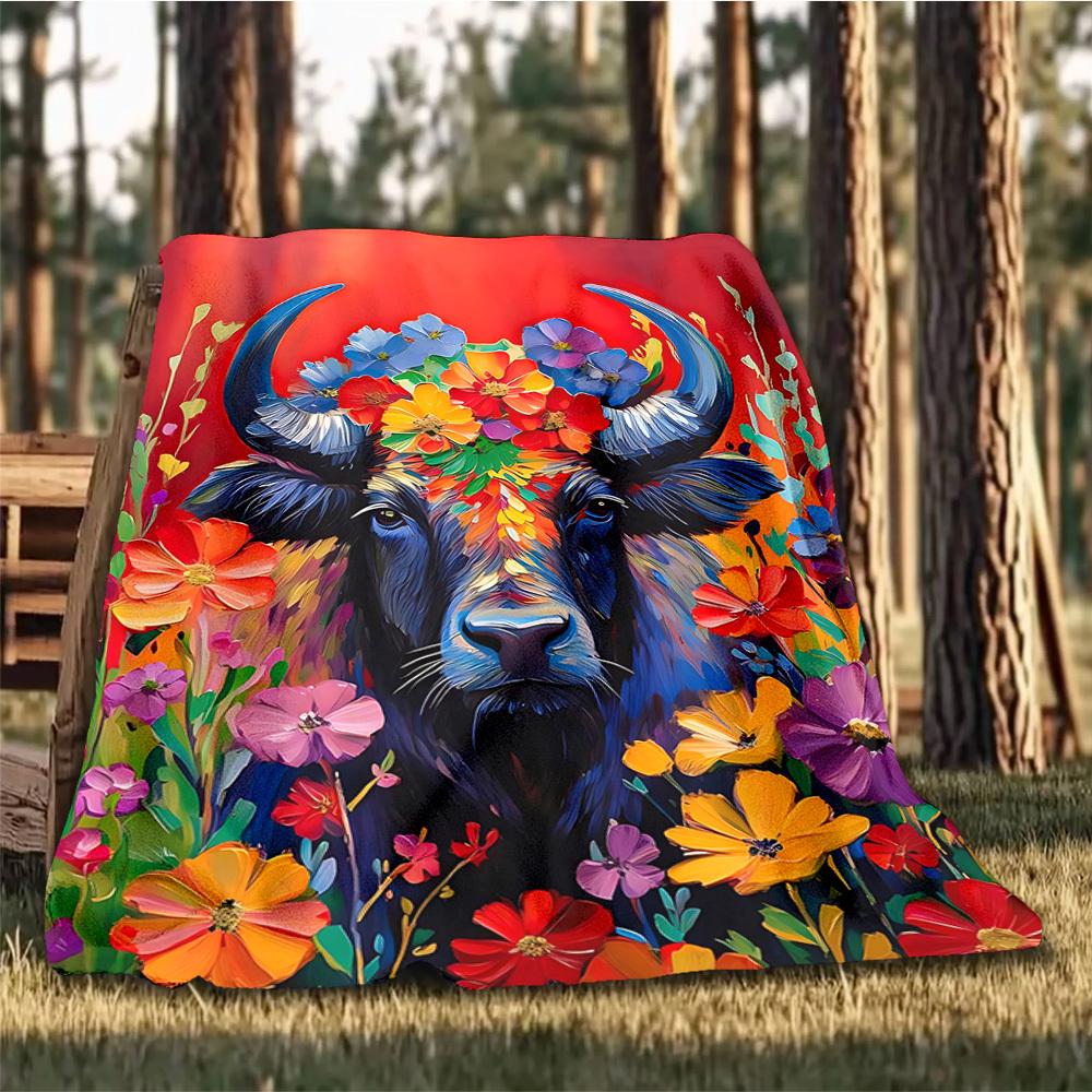 1pc Bull Flowers Outdoor Flannel Blanket, Cozy & Warm Soft Te Playful Design, Napping Camping,