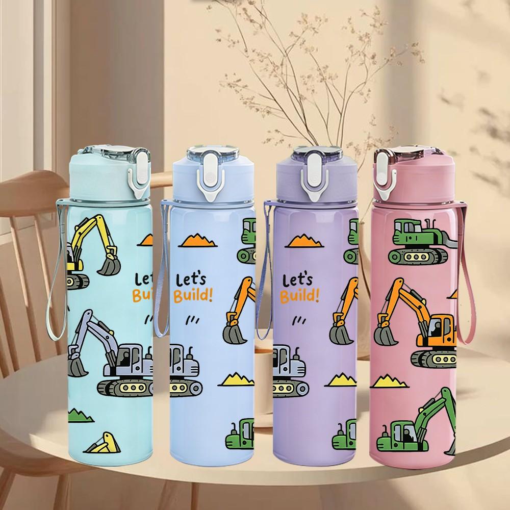 1PC Construction Tool Vehicle Print 750ml Color Plastic Sports Water Bottle Leakproof Flip Straw Lid Suitable for Sports Office Home Use