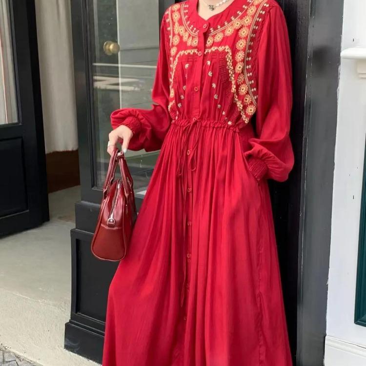 

Autumn Vintage Green Long Sleeve Robe Dress with Embroidery O Neck Waist Drawstring Straight Party Clothing New Design One Size красный