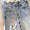 Damen 2025 Chinesischer Stil Hellwaschung Hohe Taille Bestickt Gerades Bein Jeans