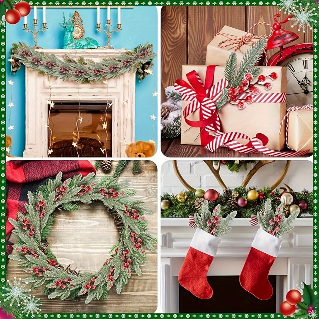 12pcs Christmas Artificial Cedar Branches And Artificial Red Plum Branches Holly Berry Set, for Holiday Wreaths, Tree Decoration