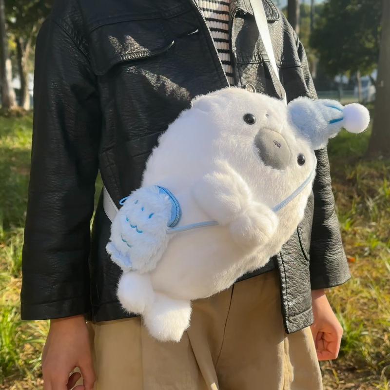 Plush Seal Backpack Cute Headphone Bag Kawaii Fashion Plushie Student's Schoolbag Fur Shoulder Bag Women Knapsack Bags Gift