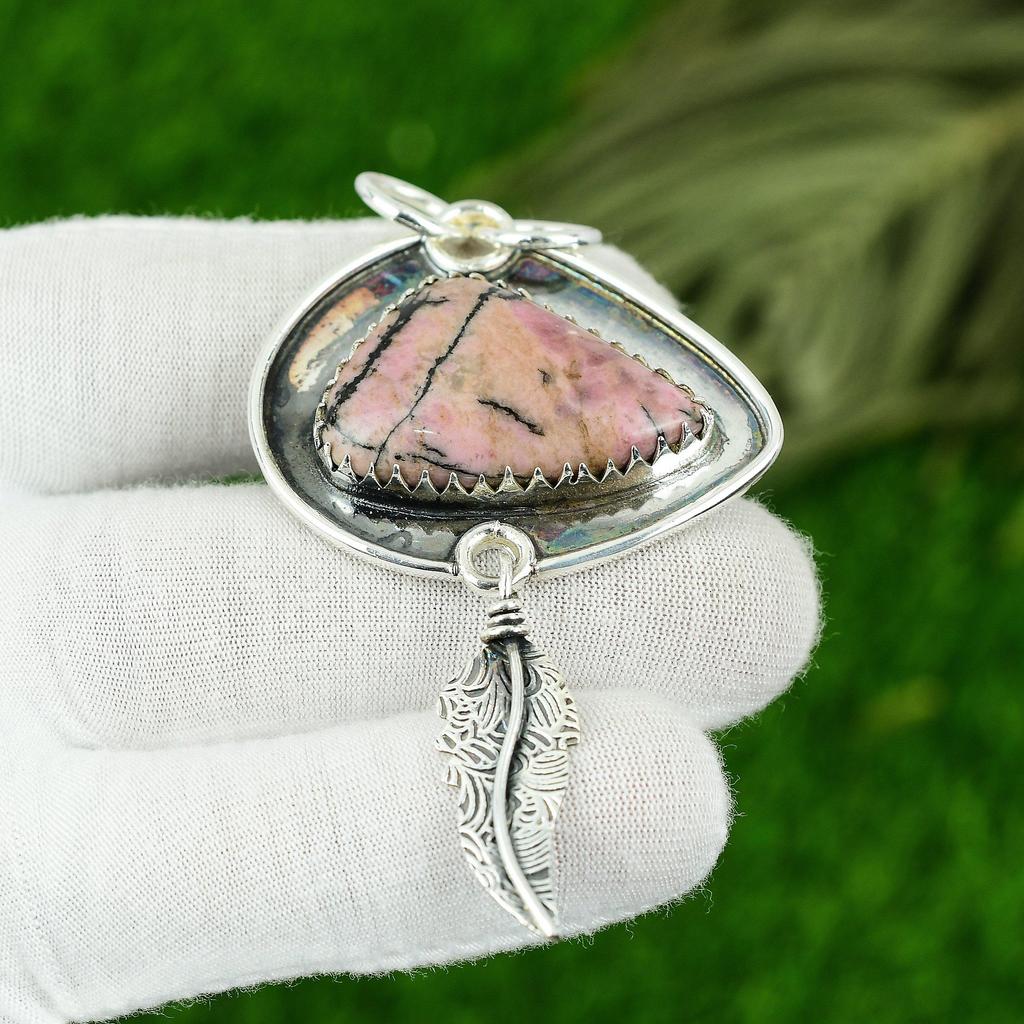 Frauentags-Sale Trillion Rhodonit Stein Boho Ethno Anhänger 925 Sterlingsilber