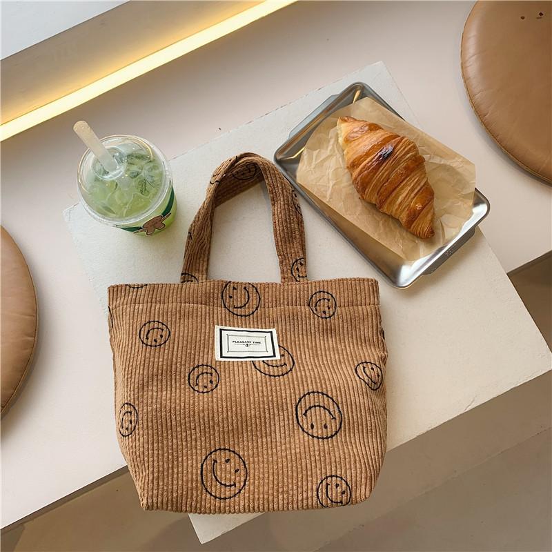 Vintage Corduroy Polka Dot Tote Bag For Women Soft Handle Cute Lunch Bag