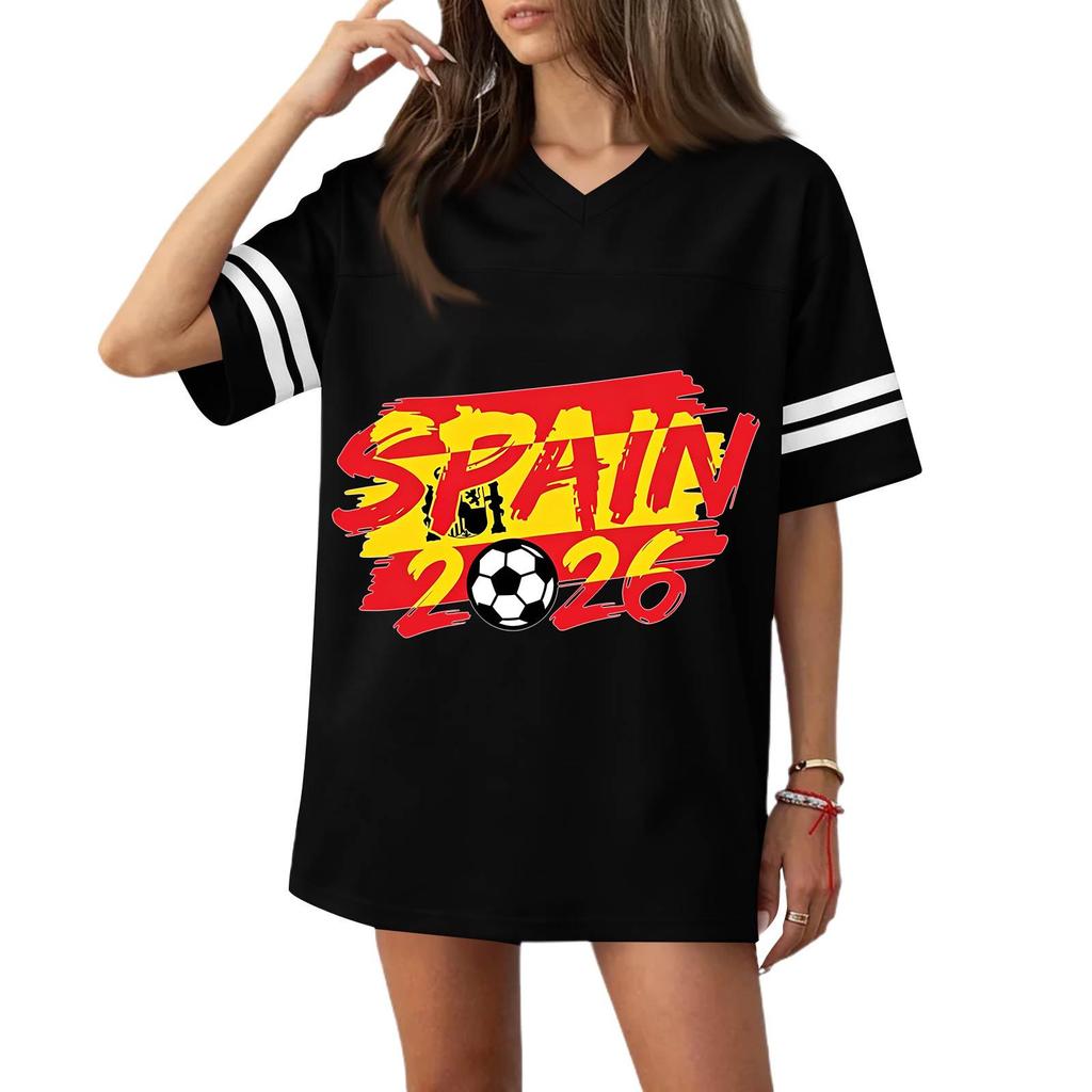 Women V Neck Short Sleeve Relaxed Fit Soccer Graphic Tee Top with 2026 Flag Print Casual Sportswear Jersey Style