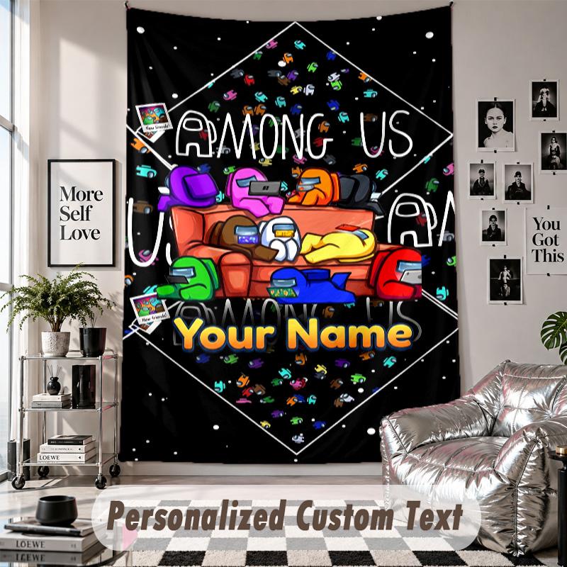 Wall Hanging Tapestry With Custom Name & Text, Among Us Decorative Tapestry For Bedroom