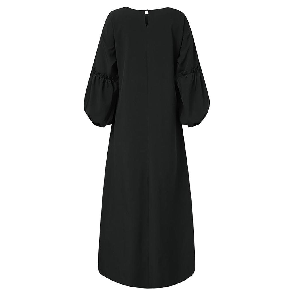 Muslim New Women's Solid Color Fashion Casual Long Sleeve Ruffle Dresses