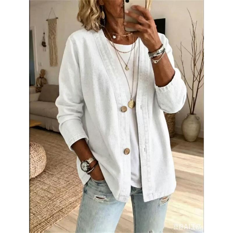 Women S Floral Print Casual Imitation Denim Stand Collar Long Sleeve Cardigan Coat