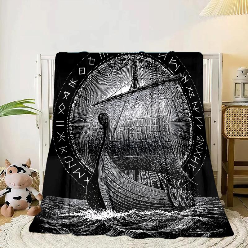 Viking Ship At Sea Blanket Flannel Blanket for Bed, Sofa, Camping, Hiking, Picnic Essentials, Gift for Family Fan Gifts
