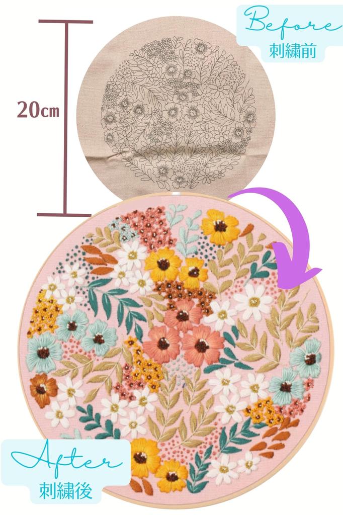 French Embroidery Japanese Stitch Embroidery Embroidery Pattern Cloth Included [Mama Yururi] Kit, Flowers, 2-Piece Set, Instructions, Instructions,